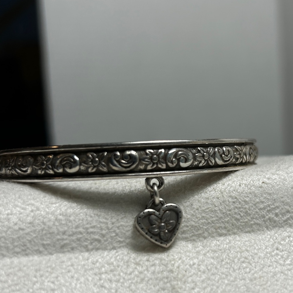 Brighton Etched Floral Bangle Bracelet with Small Heart Charm Silver Plated - Picture 8 of 13